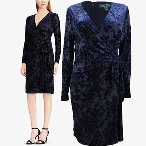Lauren by Ralph Lauren - Dark Blue Petite Flocked Velvet Wrap Dress